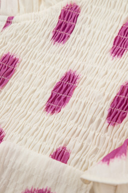 Rose Polka Dot Print Shirred Yoke Notched Neck Balloon Sleeve Blouse