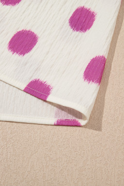 Rose Polka Dot Print Shirred Yoke Notched Neck Balloon Sleeve Blouse