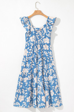 Sky Blue Floral U Neck Flutter Shoulder Tiered Flowy Midi Dress