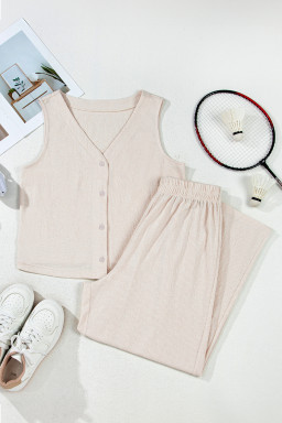 Apricot Buttoned V Neck Tank Top and Wide Leg Pants Casual Outfit