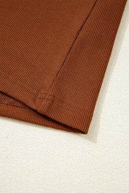 Cinnamon Leather Ruffle Sleeve Patchwork Round Neck Blouse