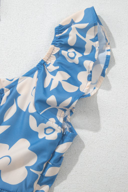 Sky Blue Floral U Neck Flutter Shoulder Tiered Flowy Midi Dress