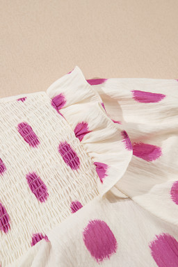 Rose Polka Dot Print Shirred Yoke Notched Neck Balloon Sleeve Blouse