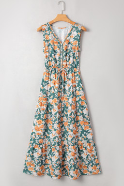 Green Floral Print Trimmed V Neck Tie Waist Sleeveless Holiday Long Dress