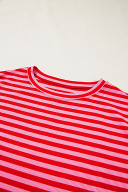 Red Stripe Ribbed Cap Sleeve Round Neck T Shirt