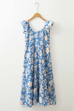 Sky Blue Floral U Neck Flutter Shoulder Tiered Flowy Midi Dress