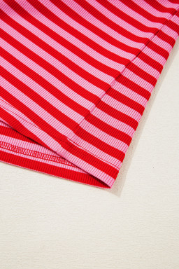 Red Stripe Ribbed Cap Sleeve Round Neck T Shirt