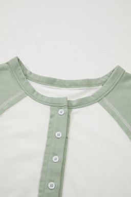 Clearly Aqua Colorblock Raglan Short Sleeve Half Buttons High Low T Shirt