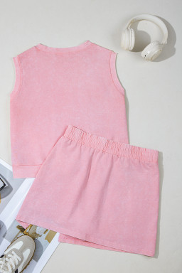 Light Pink 2 Pieces Mineral Wash Cotton Tank Top Lined Split Skort Set