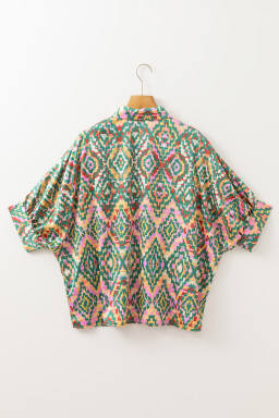 Dark Green Abstract Print Half Sleeve Button up Loose Shirt