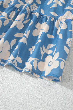 Sky Blue Floral U Neck Flutter Shoulder Tiered Flowy Midi Dress