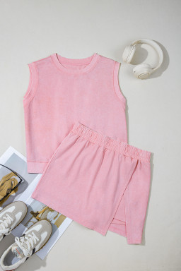 Light Pink 2 Pieces Mineral Wash Cotton Tank Top Lined Split Skort Set