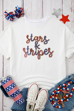 White Sequin stars & stripes Graphic Drop Shoulder Loose T Shirt