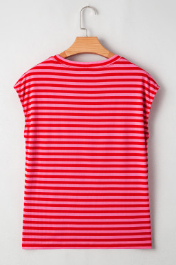 Red Stripe Ribbed Cap Sleeve Round Neck T Shirt