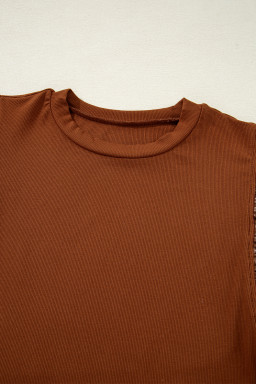 Cinnamon Leather Ruffle Sleeve Patchwork Round Neck Blouse