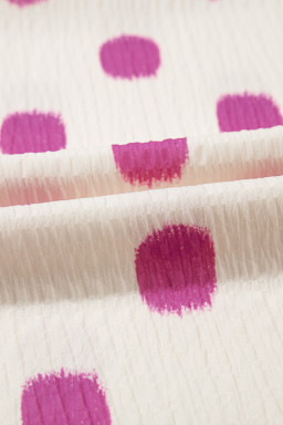 Rose Polka Dot Print Shirred Yoke Notched Neck Balloon Sleeve Blouse