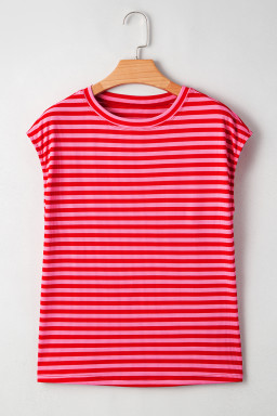 Red Stripe Ribbed Cap Sleeve Round Neck T Shirt