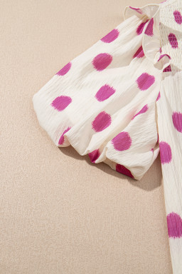 Rose Polka Dot Print Shirred Yoke Notched Neck Balloon Sleeve Blouse