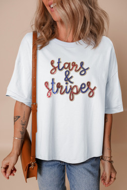 White Sequin stars & stripes Graphic Drop Shoulder Loose T Shirt