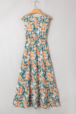 Green Floral Print Trimmed V Neck Tie Waist Sleeveless Holiday Long Dress