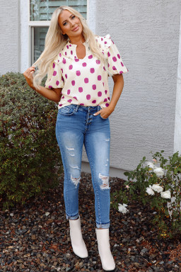 Rose Polka Dot Print Shirred Yoke Notched Neck Balloon Sleeve Blouse