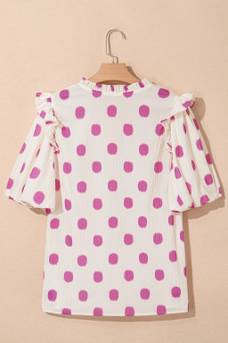 Rose Polka Dot Print Shirred Yoke Notched Neck Balloon Sleeve Blouse