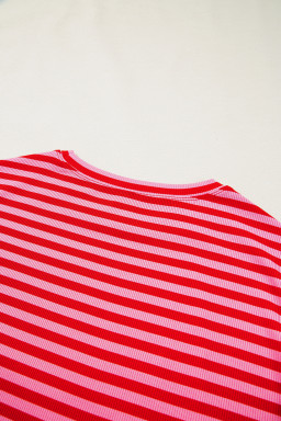 Red Stripe Ribbed Cap Sleeve Round Neck T Shirt
