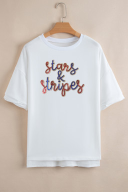 White Sequin stars & stripes Graphic Drop Shoulder Loose T Shirt