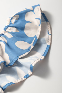 Sky Blue Floral U Neck Flutter Shoulder Tiered Flowy Midi Dress