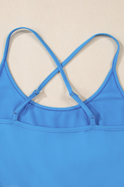 Blue Crossed Spaghetti Straps Drawstring Waist Sporty Romper