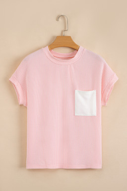 Pink Corded Knit Color Block Pocketed Crew Neck T Shirt