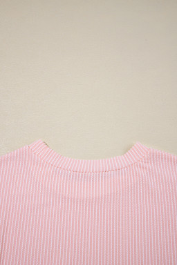 Pink Corded Knit Color Block Pocketed Crew Neck T Shirt