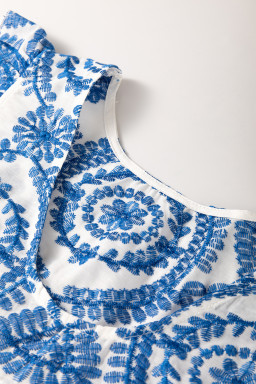 Blue Boho Print Flutter Sleeve Crew Neck Blouse