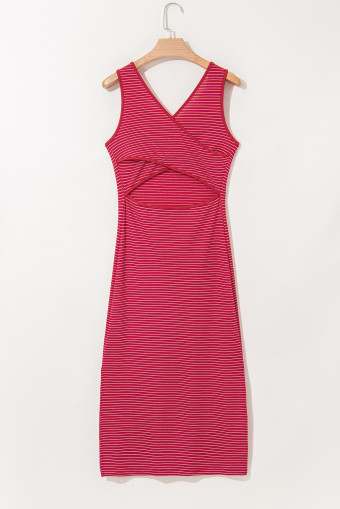 Red Stripe Criss Cross Side Slits Slim Fit Sleeveless Midi Dress