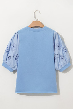 Beau Blue Eyelet Flower Embroidered Puff Short Sleeve Patchwork Crew Neck Blouse