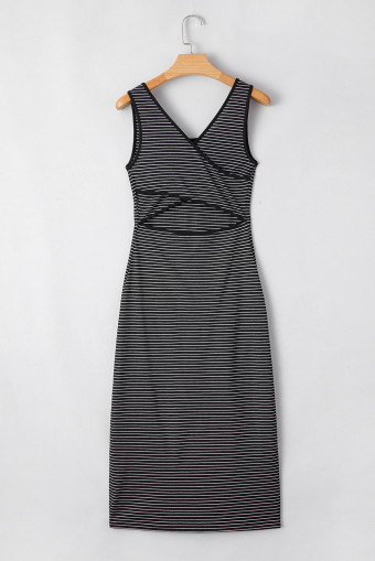 Black Stripe Criss Cross Side Slits Slim Fit Sleeveless Midi Dress