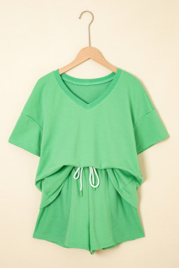 Mint Green V Neck Drop Shoulder Tee and Patchwork Drawstring Elastic Waistband Shorts Set