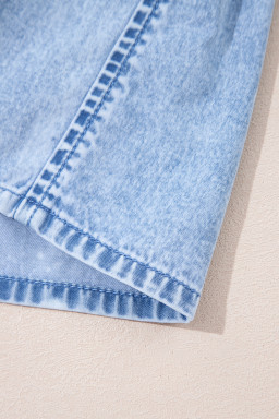 Beau Blue Bow Detail Spaghetti Straps Ruffle Hem Denim Short Dress