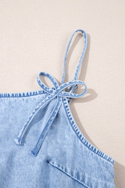 Beau Blue Bow Detail Spaghetti Straps Ruffle Hem Denim Short Dress