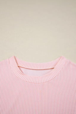Pink Corded Knit Color Block Pocketed Crew Neck T Shirt