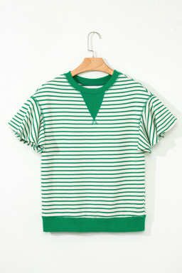 Bright Green Contrast Detail Striped Ruffle Short Sleeve Top