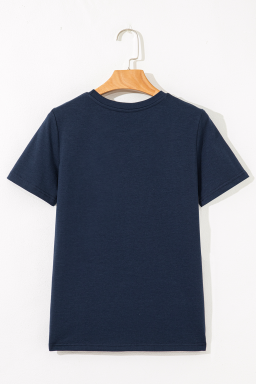 Dirty blue Solid Color Toothpick Stripe Round Neck T Shirt