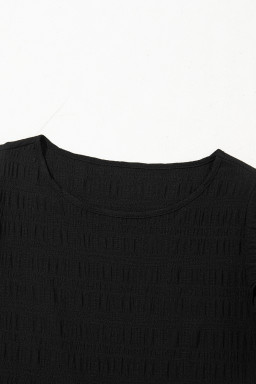 Black Textured Ruffled Sleeve Round Neck Top