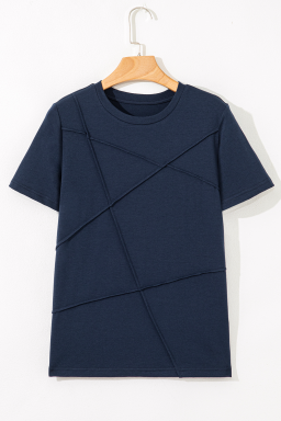 Dirty blue Solid Color Toothpick Stripe Round Neck T Shirt