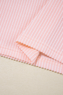 Pink Corded Knit Color Block Pocketed Crew Neck T Shirt