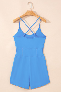 Blue Crossed Spaghetti Straps Drawstring Waist Sporty Romper