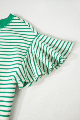 Bright Green Contrast Detail Striped Ruffle Short Sleeve Top