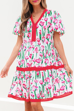 Pink Floral Print Contrast Trim V Neck Bubble Short Sleeve Babydoll Dress
