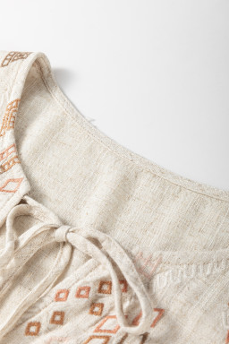 Jet Stream Geometric Embroidered Short Sleeve Tassel Tied V Neck Blouse