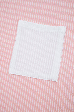 Pink Corded Knit Color Block Pocketed Crew Neck T Shirt